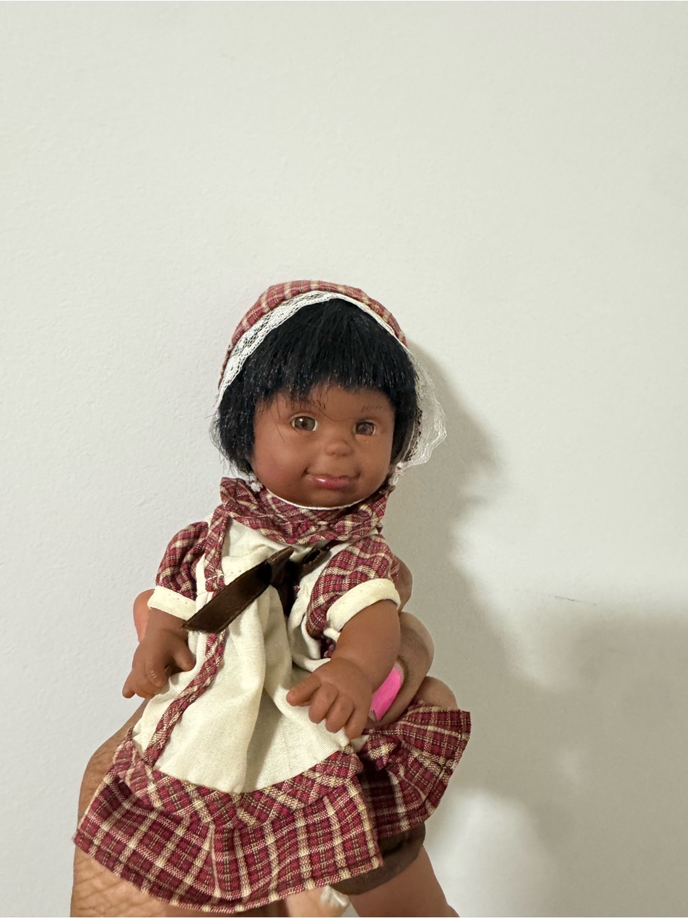 Vintage-Inspired Brown Plaid Baby Doll with Cream Apron